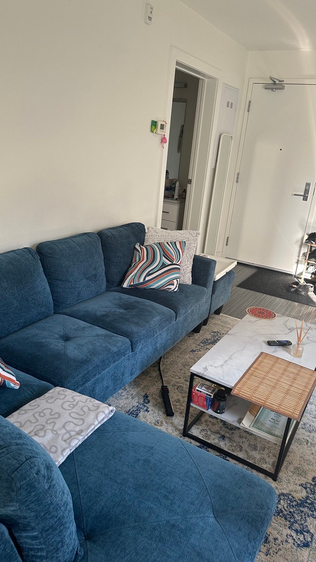 Ebern Designs Blue Linen L-Shape Sectional Sofa with Ottoman