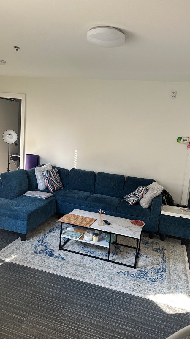 Ebern Designs Blue Linen L-Shape Sectional Sofa with Ottoman - photo 2