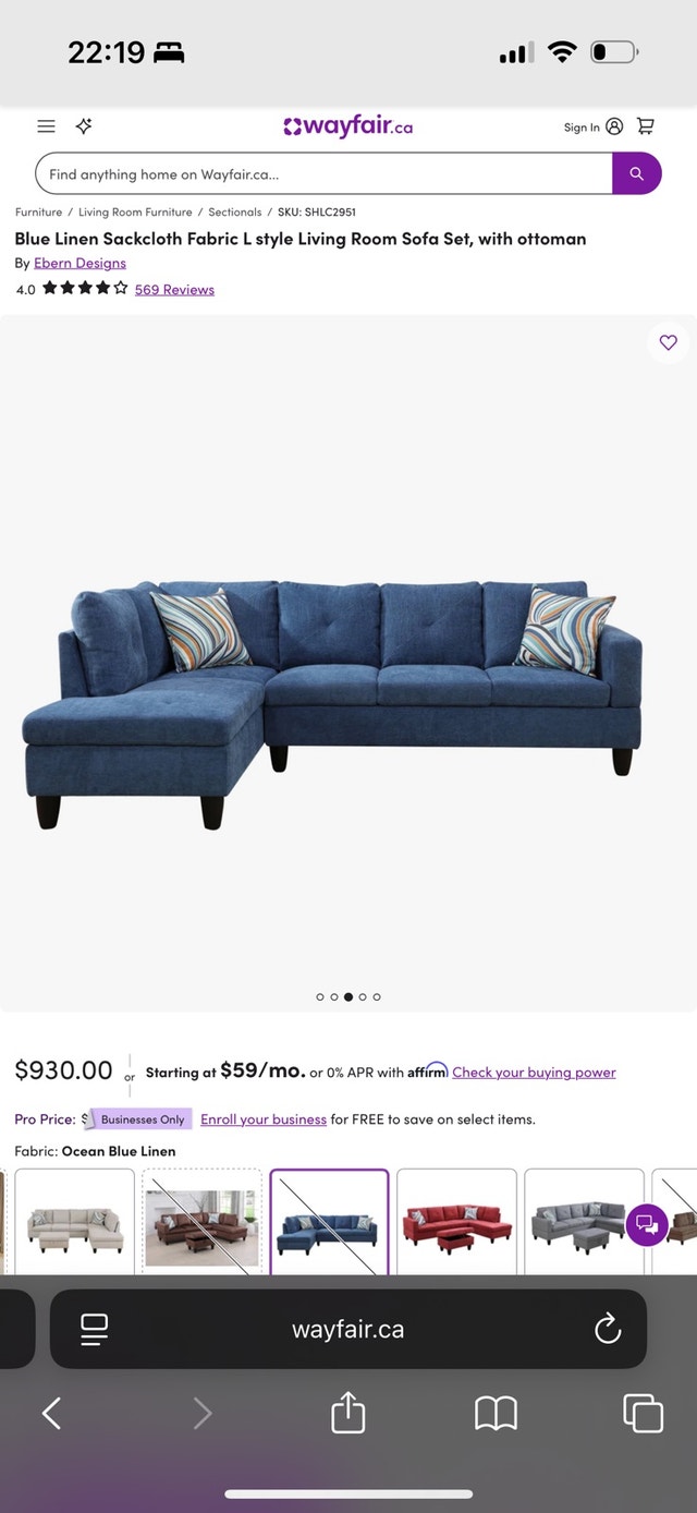 Ebern Designs Blue Linen L-Shape Sectional Sofa with Ottoman - photo 4