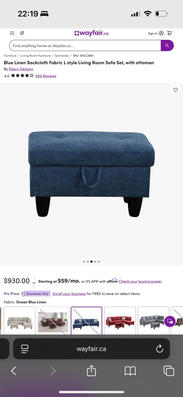 Ebern Designs Blue Linen L-Shape Sectional Sofa with Ottoman - photo 5
