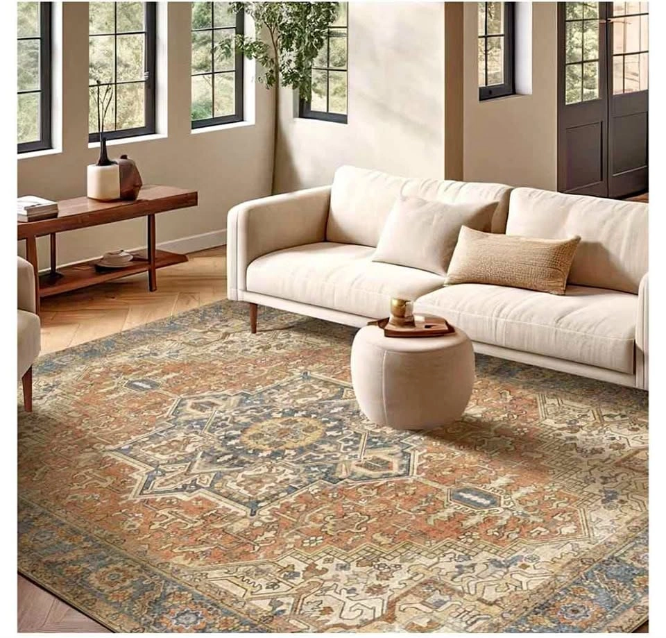 10x14 Washable Terracotta Area Rug with Vintage Design