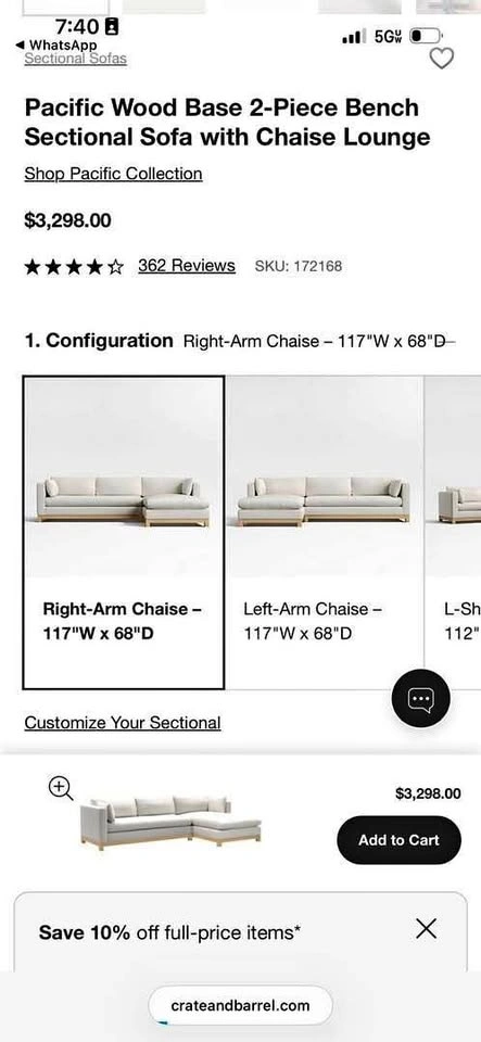 Crate and Barrell White Sectional Couch
