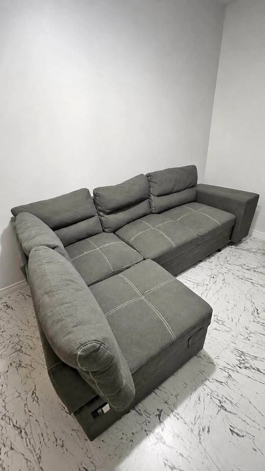 Grey Sectional Sofa Bed + Storage Ottoman & 2 Stools - Full Set