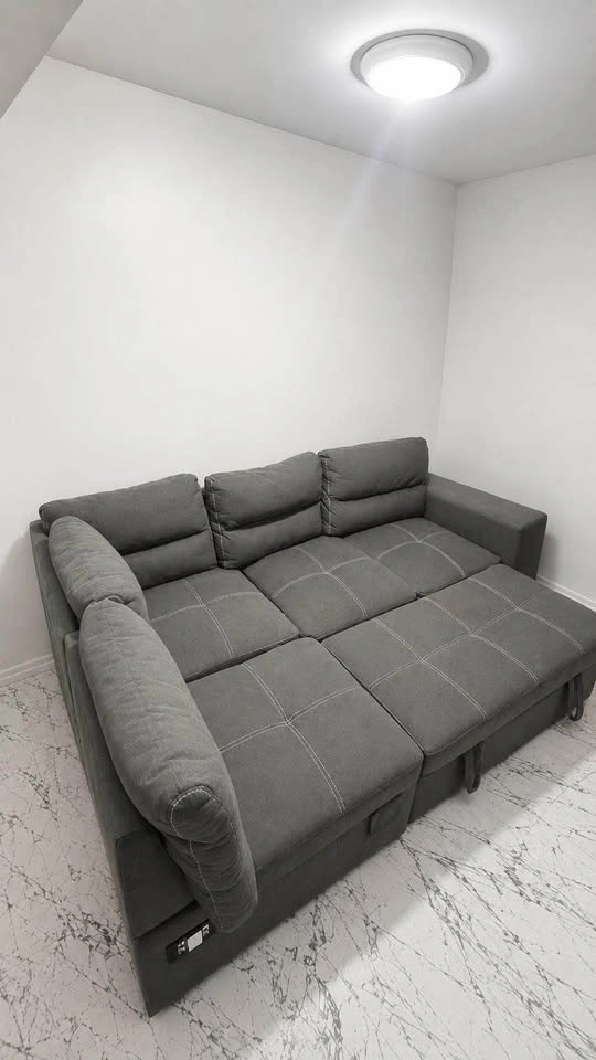 Grey Sectional Sofa Bed + Storage Ottoman & 2 Stools - Full Set - photo 2