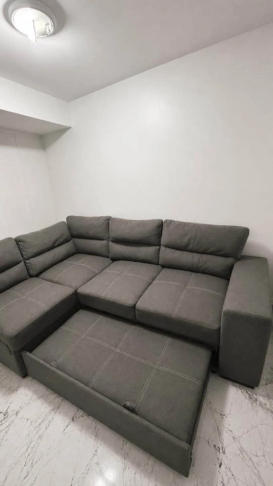 Grey Sectional Sofa Bed + Storage Ottoman & 2 Stools - Full Set - photo 3