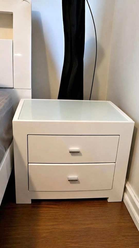 Modern White Bedside Tables with Glass Top - Set of 2
