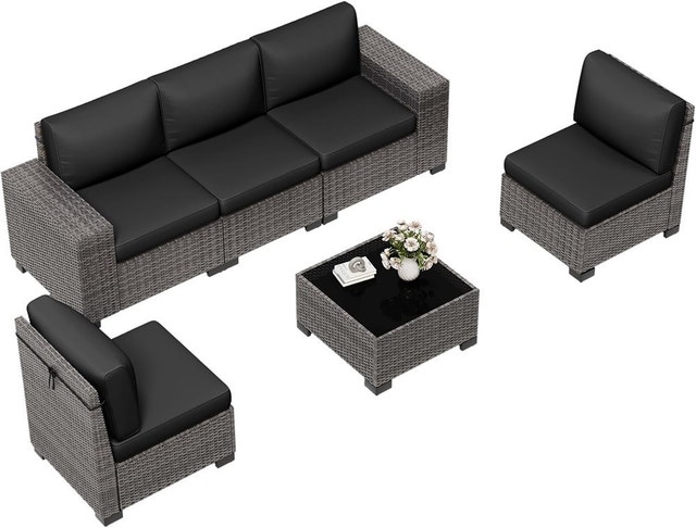 6 Pieces Outdoor Patio Furniture Set with Table Gray Rattan