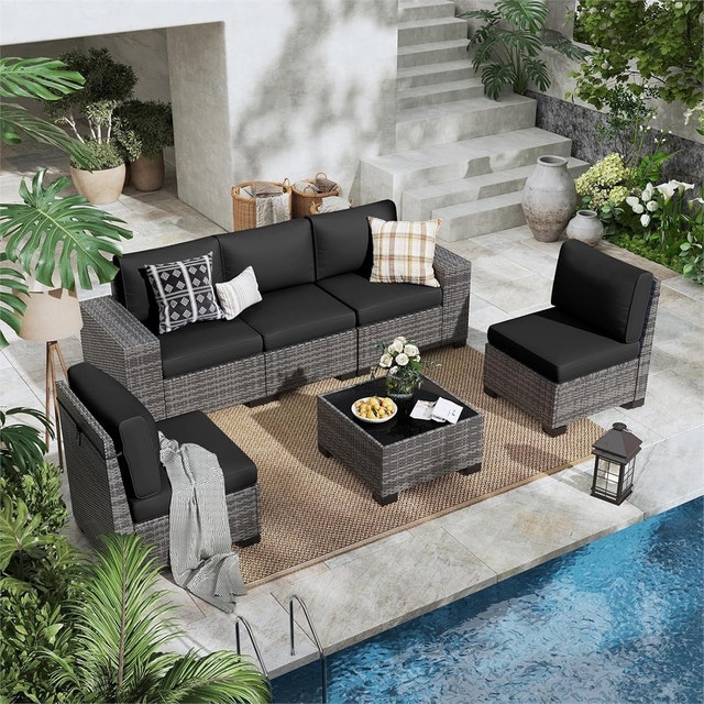 6 Pieces Outdoor Patio Furniture Set with Table Gray Rattan - photo 2