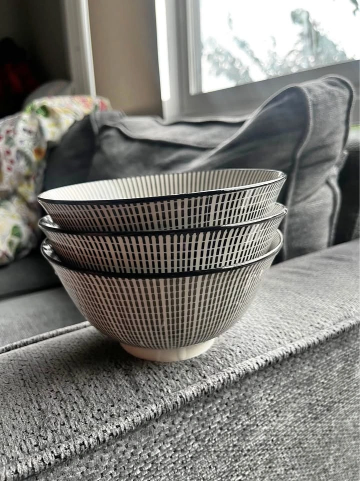 Set of 3 Black and White Geometric Ceramic Bowls