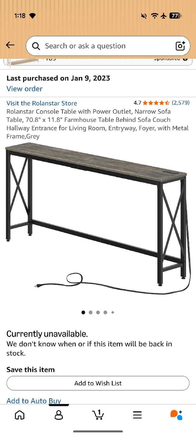 Narrow Sofa Table with Outlets