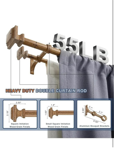 Double Wood Curtain Rods 36-72" 1 Inch Decorative Window Rod - photo 3