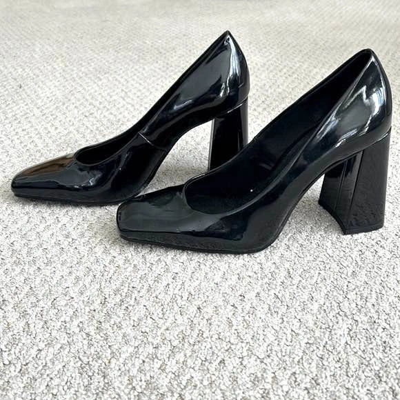 H&M Black Patent Leather Square Toe Block Heel Pumps US 9