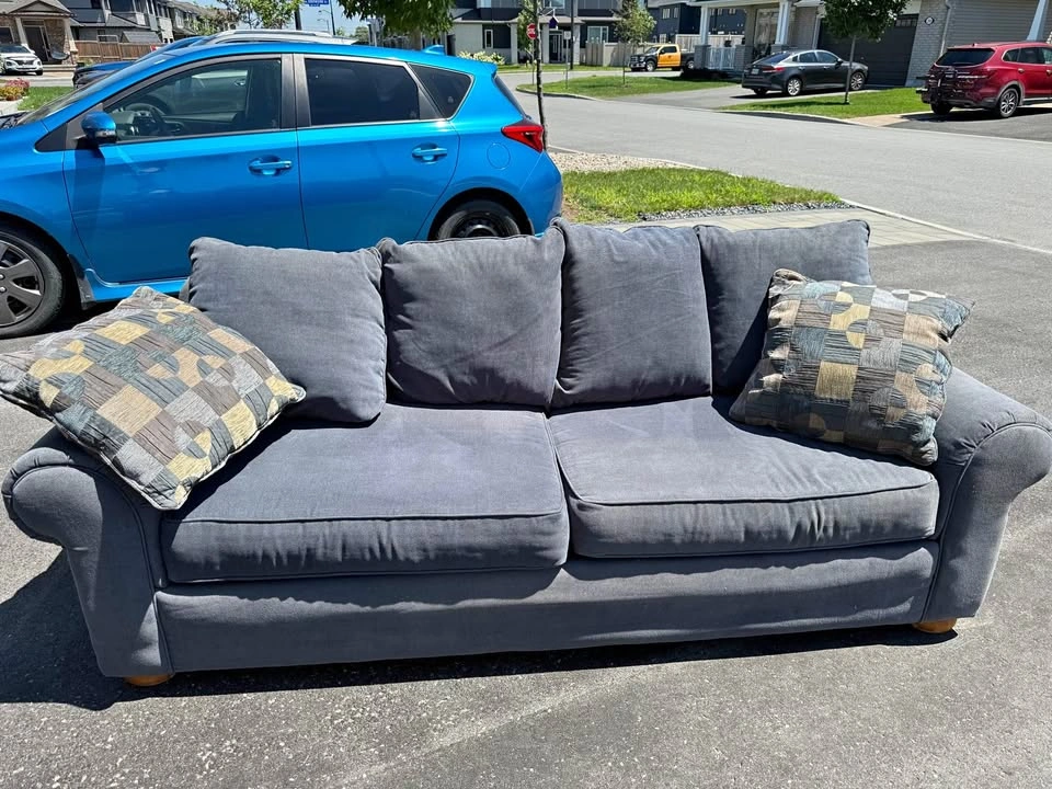 Grey/blue Fabric Sofa with Rolled Arms