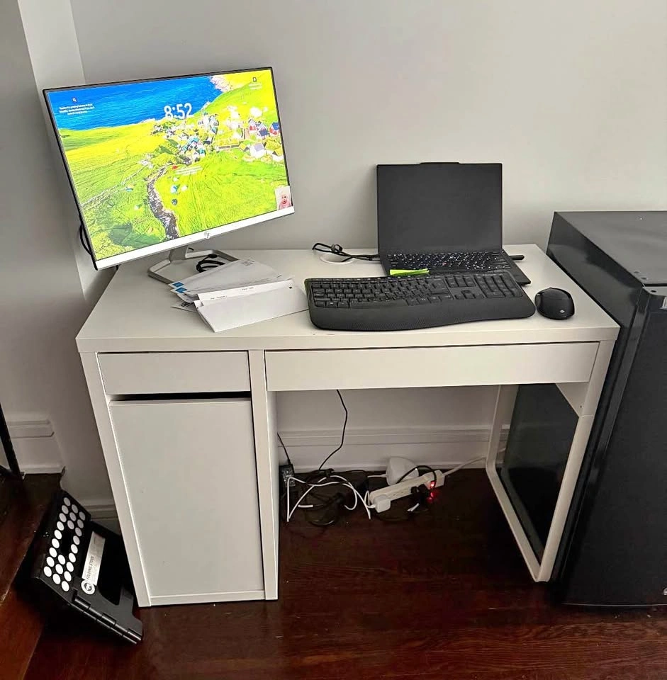 White MICKE desk with cabinet attached