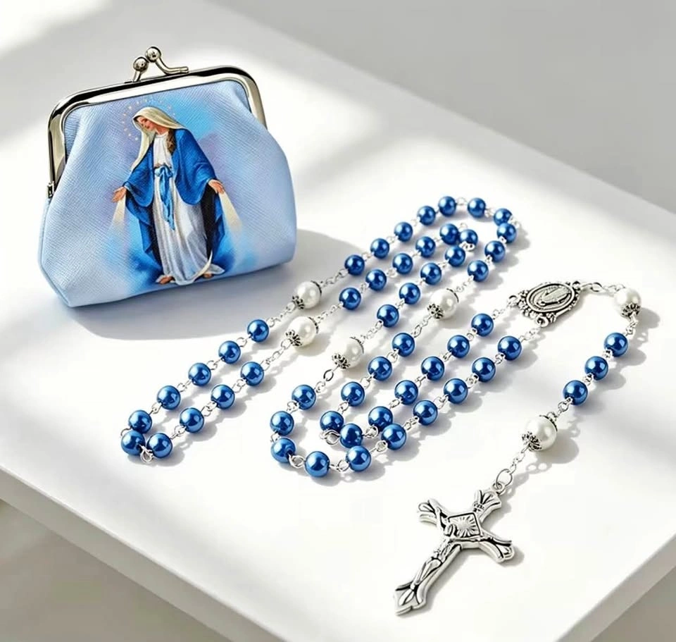 Blue Pearl Rosary with Virgin Mary Coin Purse