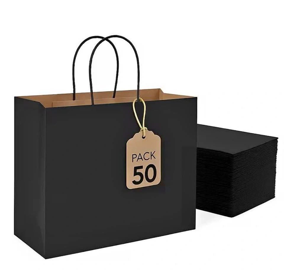 50 Pack Black Paper Gift Bags with Handles (16x6x12 inches)