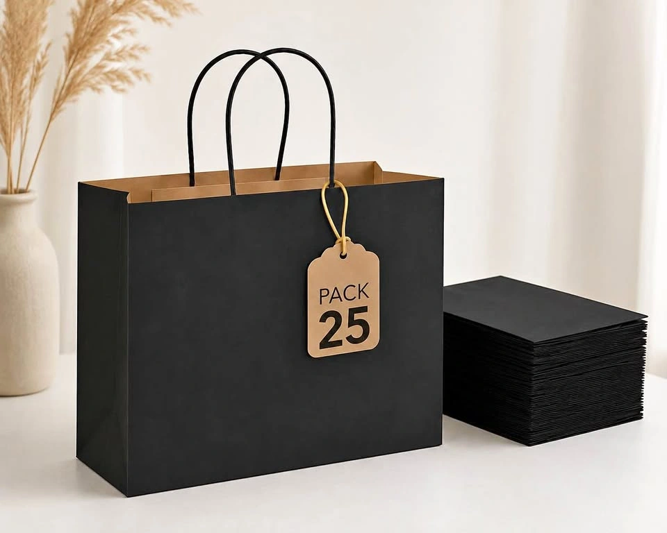 25 Pack Black Paper Gift Bags with Handles