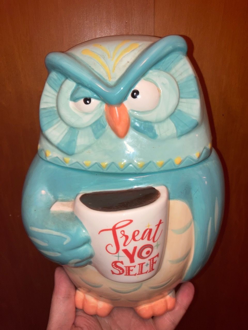 Cracker Barrel 10” Stoneware Owl Cookie Jar - “Treat Yo Self”