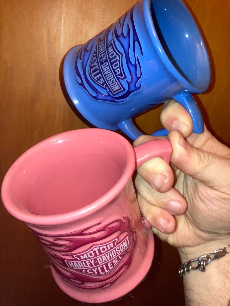 Harley Davidson His & Hers Pink/Blue Flame Coffee Mugs