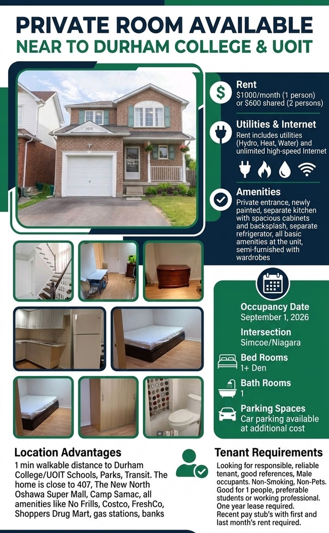 Private Room available near to Durham College and UOIT