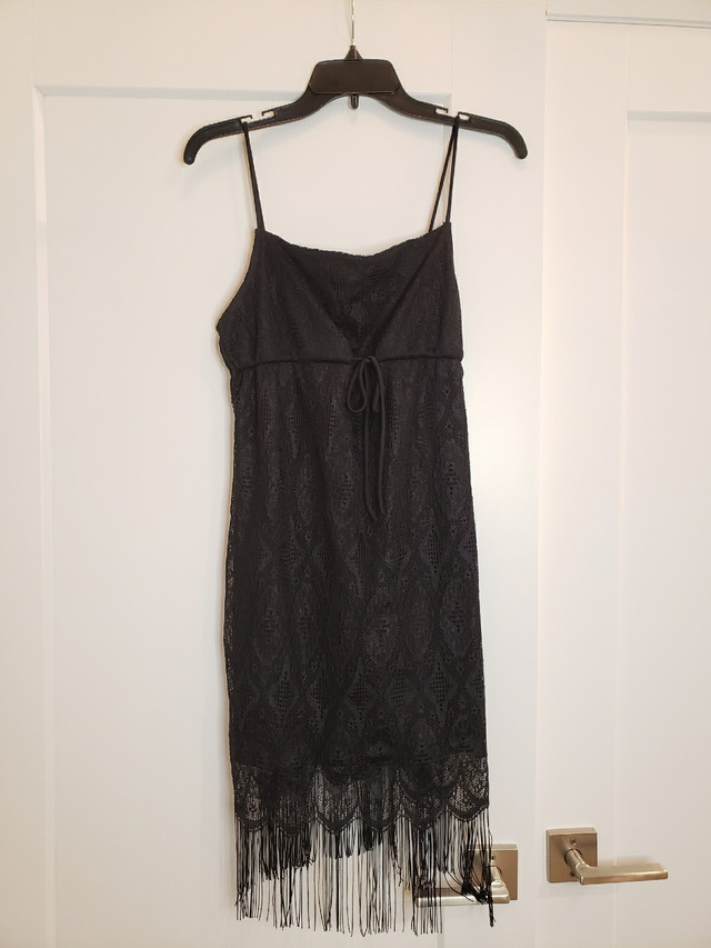 Black lace fringe elastic/strethy mini dress, size small