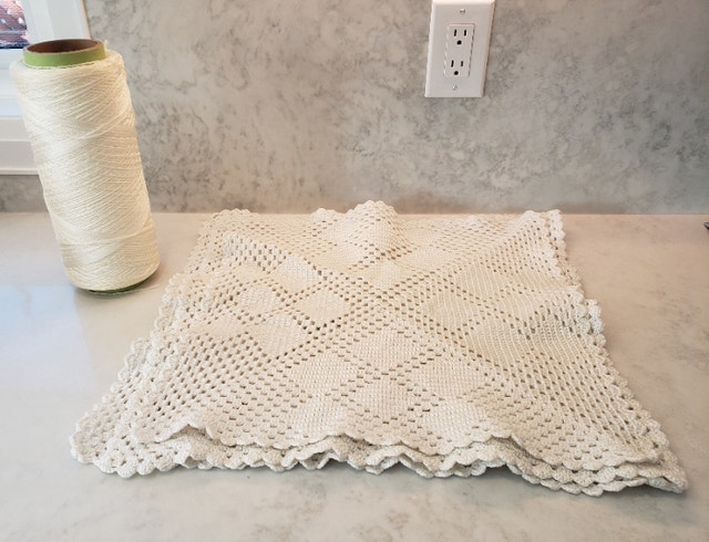 Huge Spool of White Nylon Yarn and 3 Square Cloth Designs