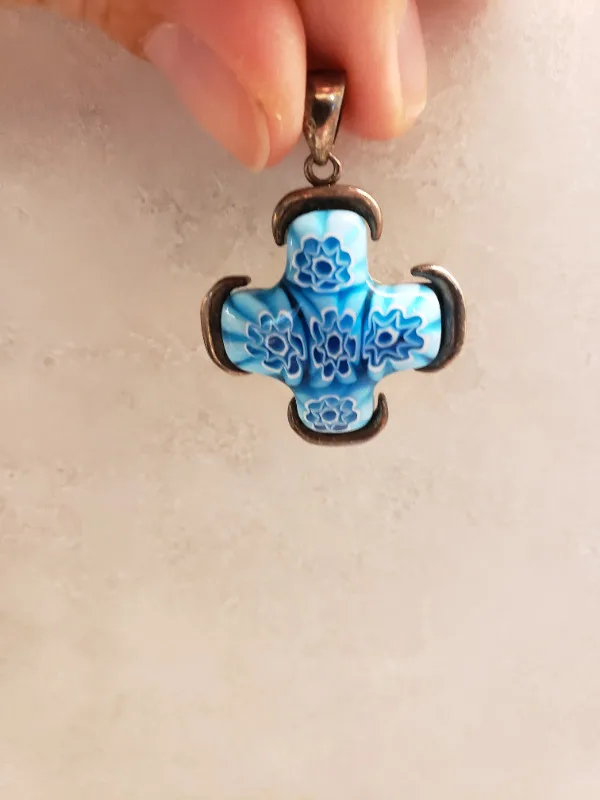 Blue Millefiori Murano Glass And Sterling Silver 925 Cross Penda thumbnail
