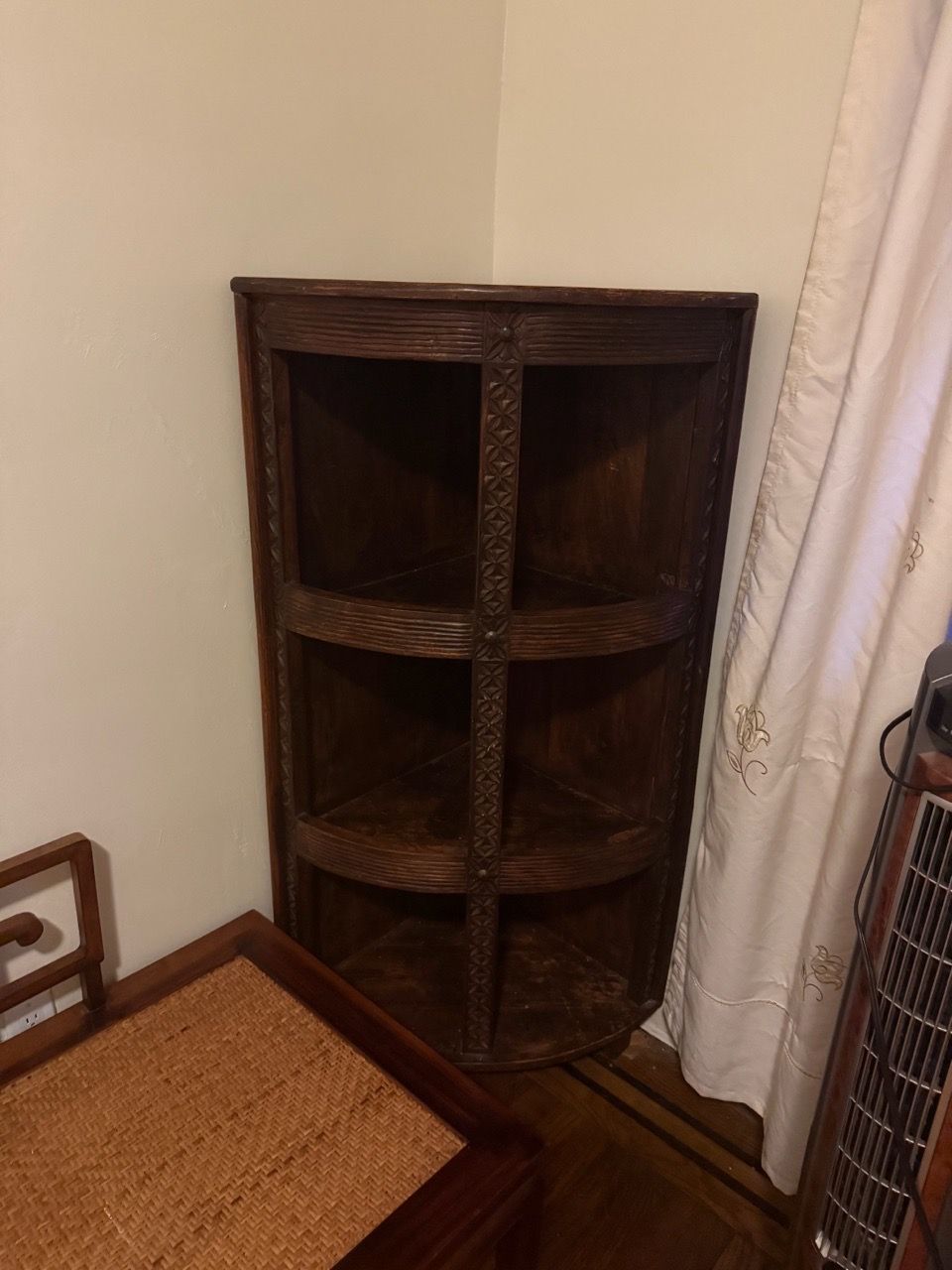 Vintage Carved Solid Wood Corner Shelf / Accent Cabinet