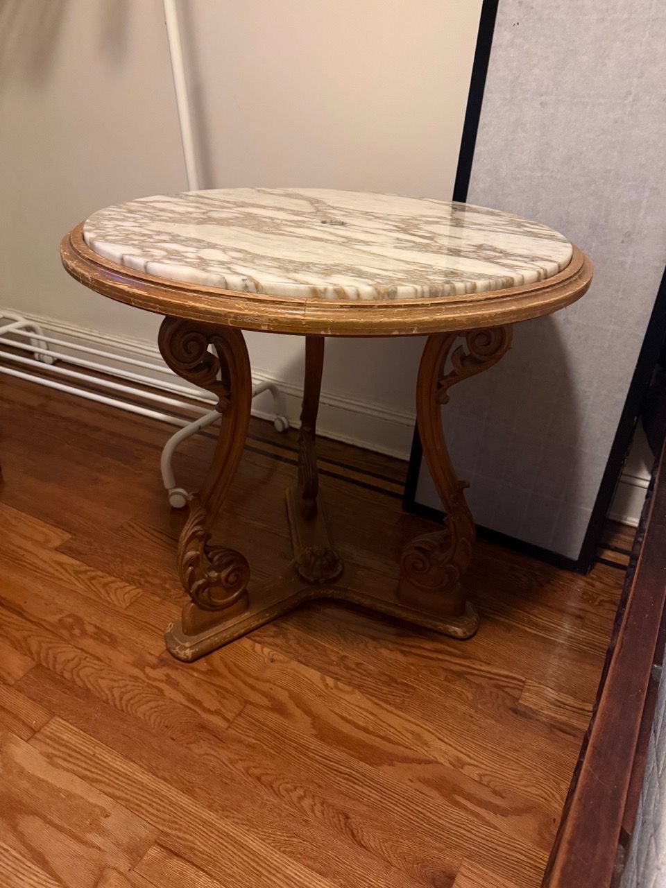 Vintage Marble Top Round Accent Table - Carved Wood Base (30")