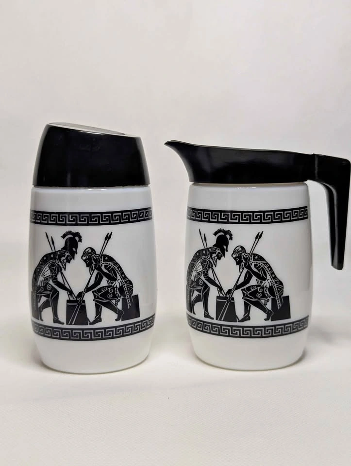 Vintage Milk Glass Cream and Sugar Set: Black Grecian Decor MCM