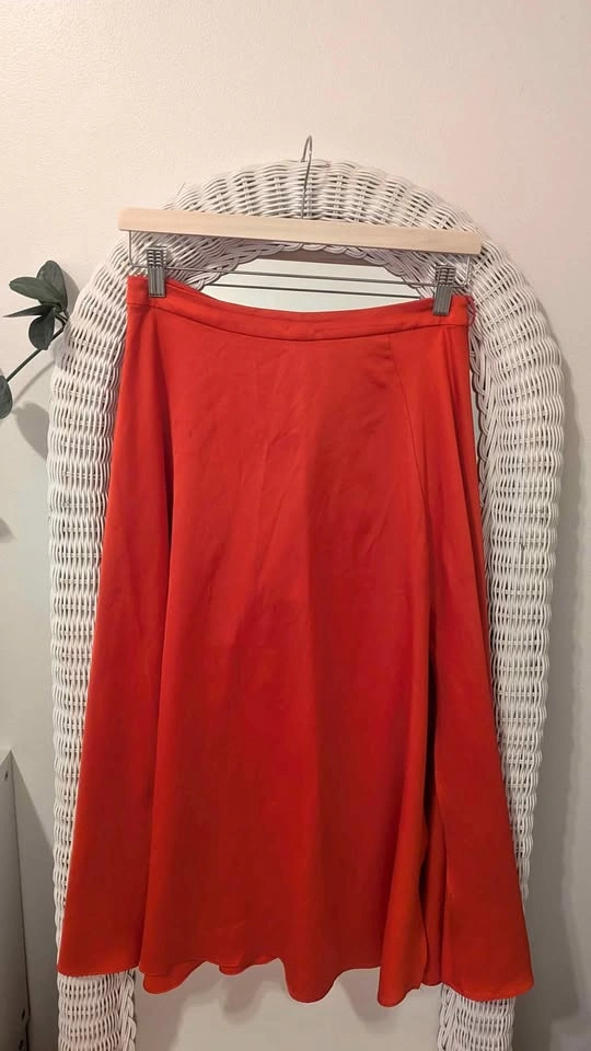 Red Satin ASOS A-Line Midi Skirt with Tie Waist