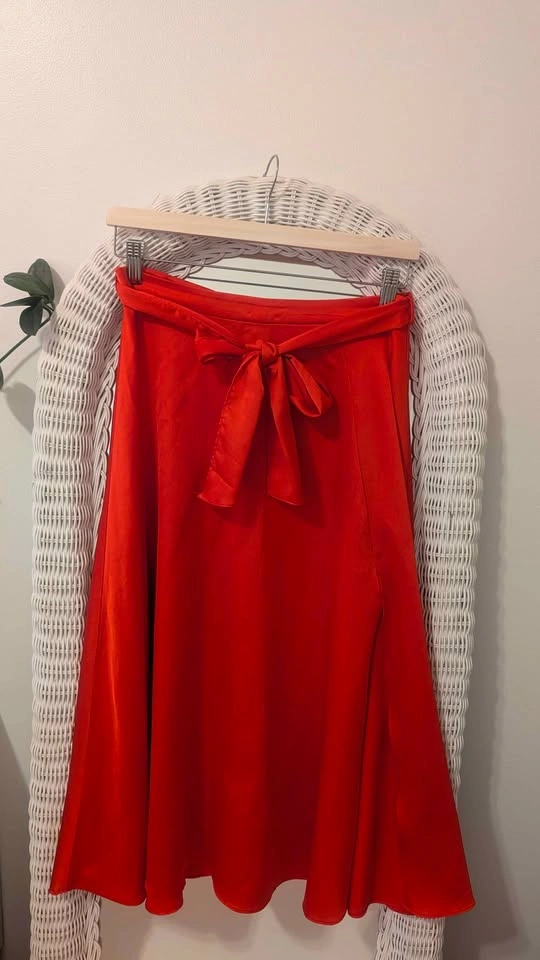Red Satin ASOS A-Line Midi Skirt with Tie Waist - photo 2