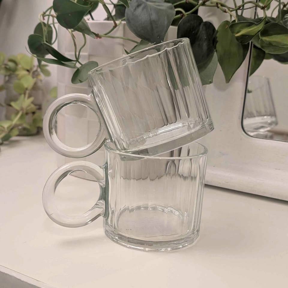 NEW Set Of Ribbed Glass Mugs with Round Handles