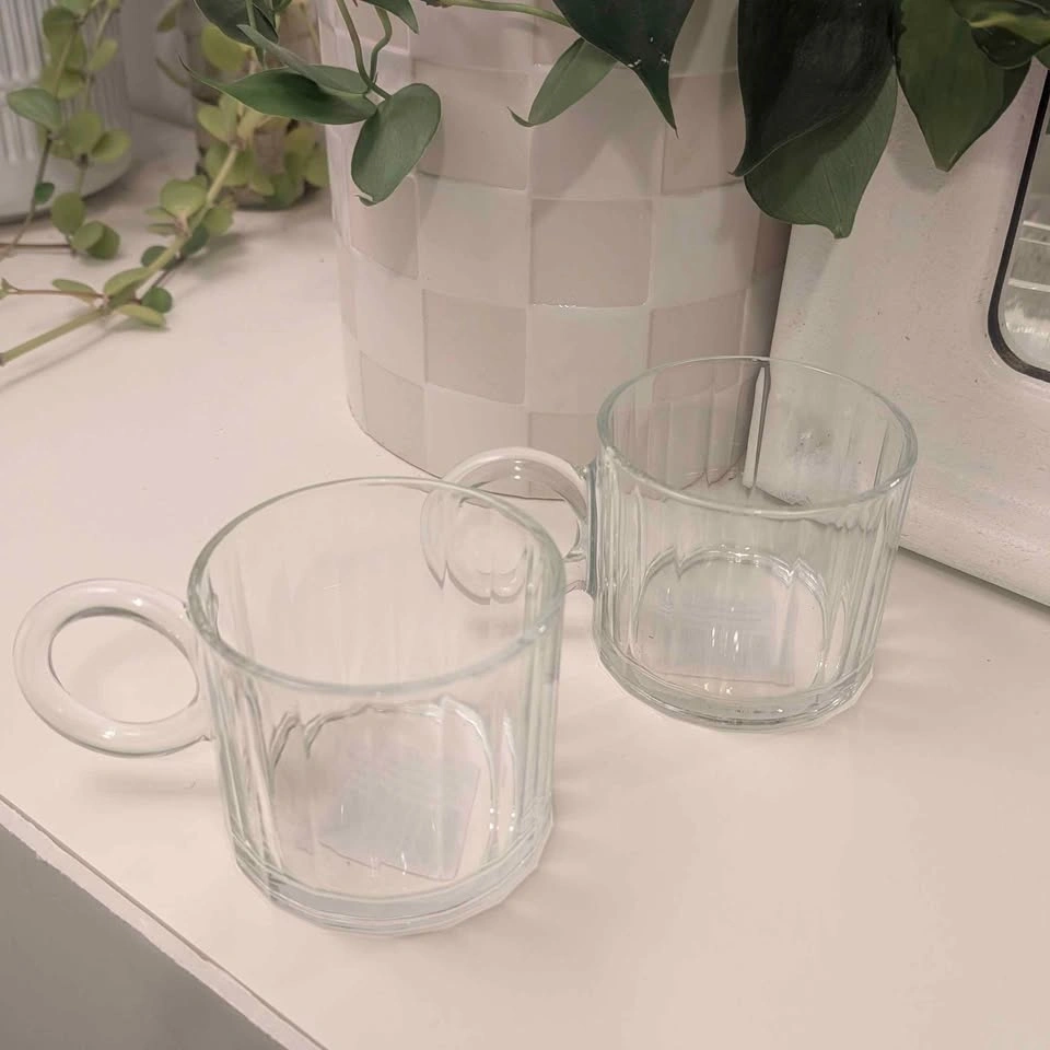 NEW Set Of Ribbed Glass Mugs with Round Handles - photo 2