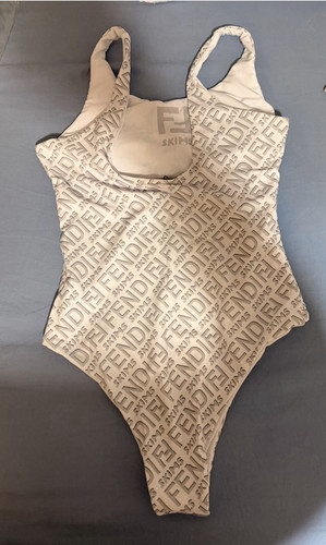 Beige One Piece Swimsuit Logo Print Wide Strap XL Women