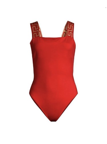 Red One Piece Swimsuit Wide Logo Straps M Polyamide Elastane