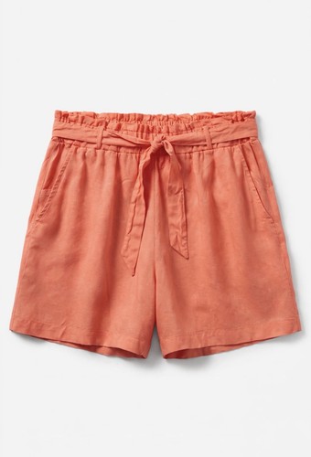Orange Linen Shorts With Ruched Tie Waist