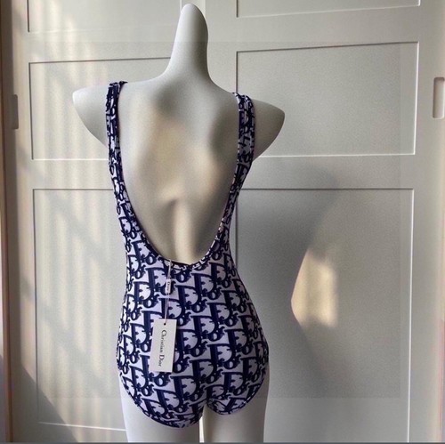Blue White One Piece Swimsuit Geometric Logo Wide Strap M