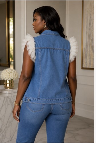 Women’s Blue Sleeveless Denim Vest XL Button Front Sequin Ruffle