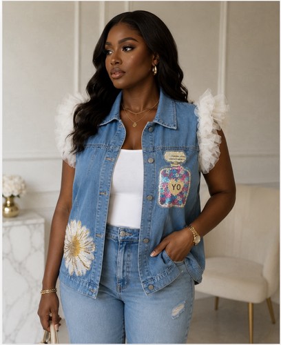 Women’s Blue Sleeveless Denim Vest XL Button Front Sequin Ruffle - photo 2