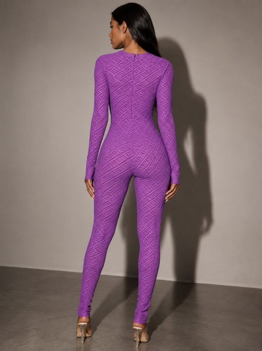 Purple Geometric Pattern Long Sleeve Catsuit, Women's Medium - photo 2