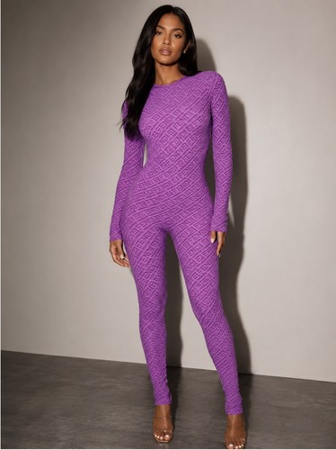 Purple Geometric Pattern Long Sleeve Catsuit, Women's Medium - photo 3