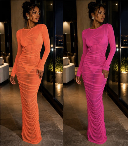 Multicolor Solid Mesh Sheer Ruched Stretch Bodycon Maxi Dress M