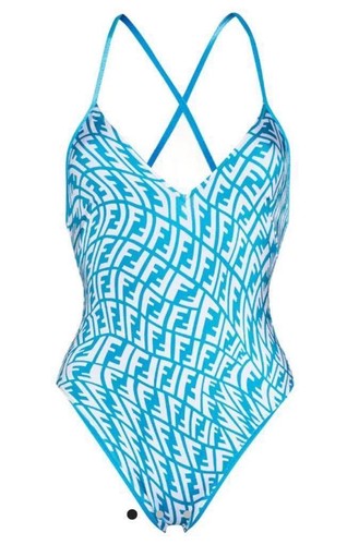 Blue White One Piece Swimsuit Logo Print Spaghetti Strap M Women