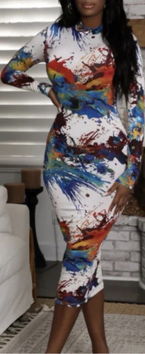 Multicolor Abstract Print Bodycon Midi Dress Crew Neck Long Slee