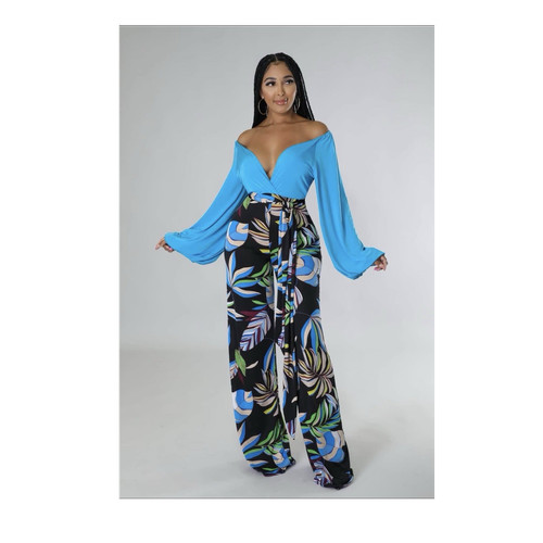 Blue Floral Wide-Leg Off-Shoulder Jumpsuit, Women's Size L, Belt
