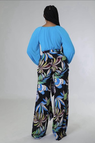 Blue Floral Wide-Leg Off-Shoulder Jumpsuit, Women's Size L, Belt - photo 2