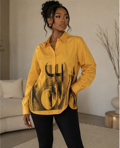Women's Yellow/Black Graphic Print Collared Button-Down Long Sle
