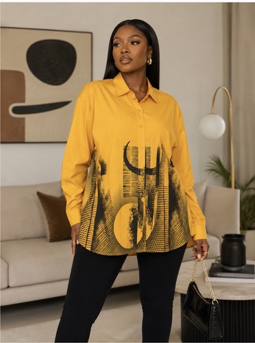 Women's Yellow/Black Graphic Print Collared Button-Down Long Sle - photo 2