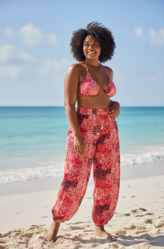 Red Patchwork Bikini Top & Straight Leg Pants Beach Set